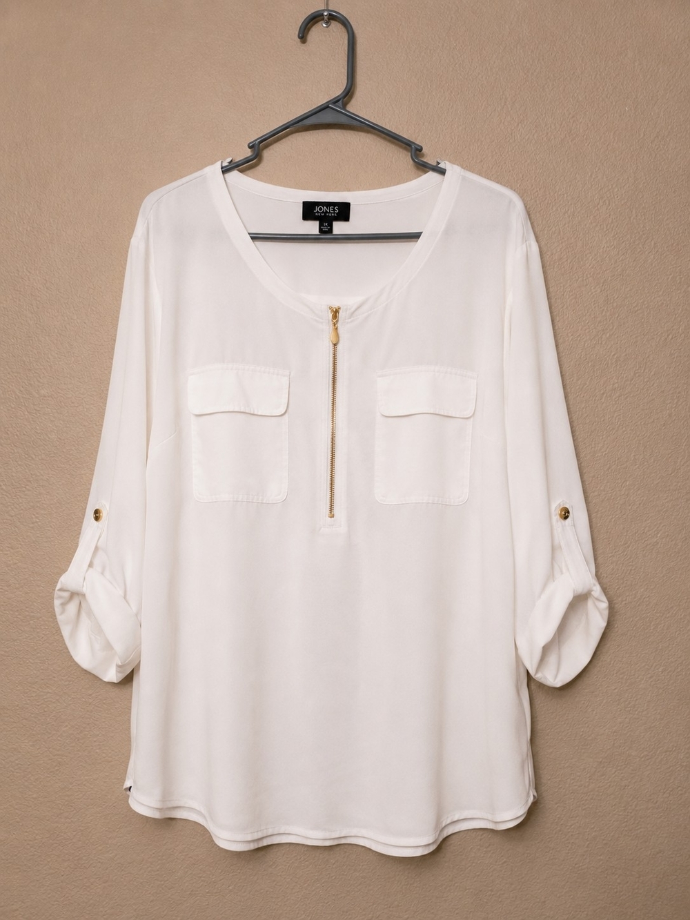 Jones New York White Zip-Pocket Roll-Sleeve Blouse - Picture 2 of 5